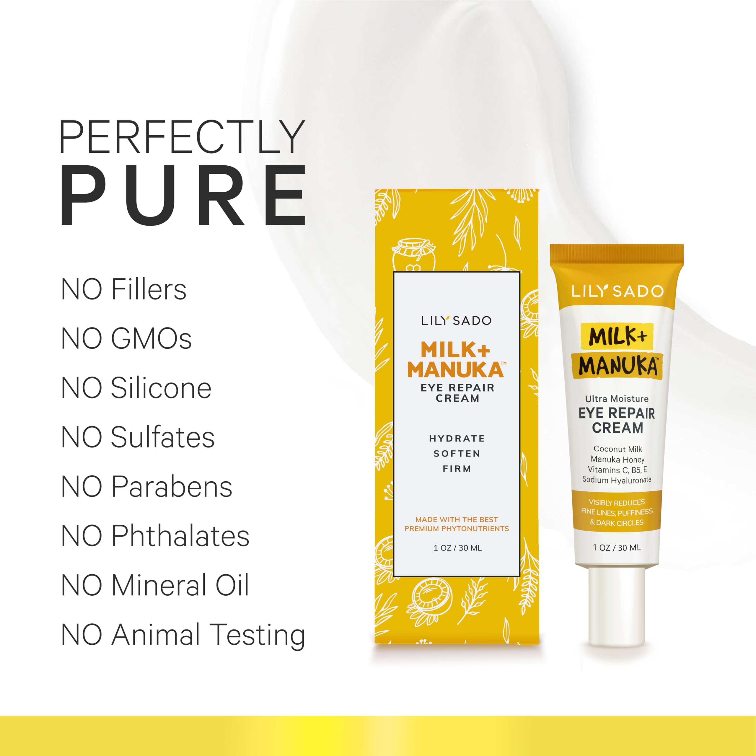 LILY SADO MILK+MANUKA™ Eye Repair Cream - Anti-Aging Natural Gentle Formula w/Coconut Milk, Manuka Honey, Sodium Hyaluronate & VITS C, B5 & E - Prevents Puffiness, Under-eye Wrinkles & Eye Bags - 1oz